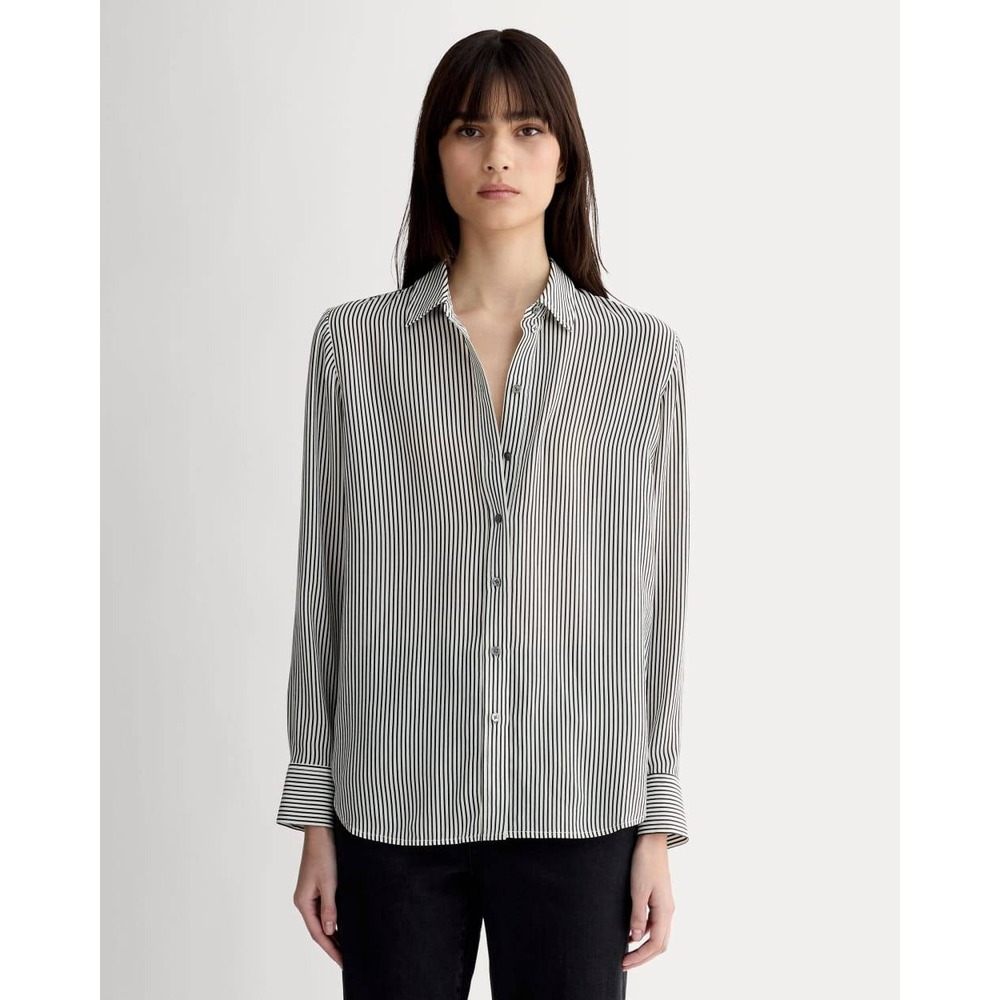 Everlane 100% Silk Button-Up Blouse Striped Black White Size 0 Classic